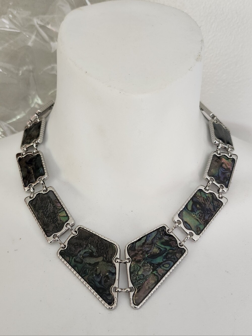 Multi Colored Abalone Shell Inlay Link Collar Necklace - Silver Tone